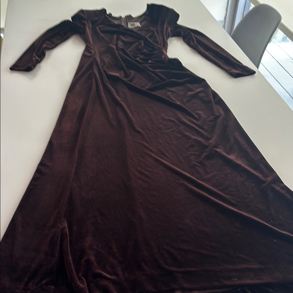 Tadashi Shoji Brown Ruched Gown with Bishop Sleeves